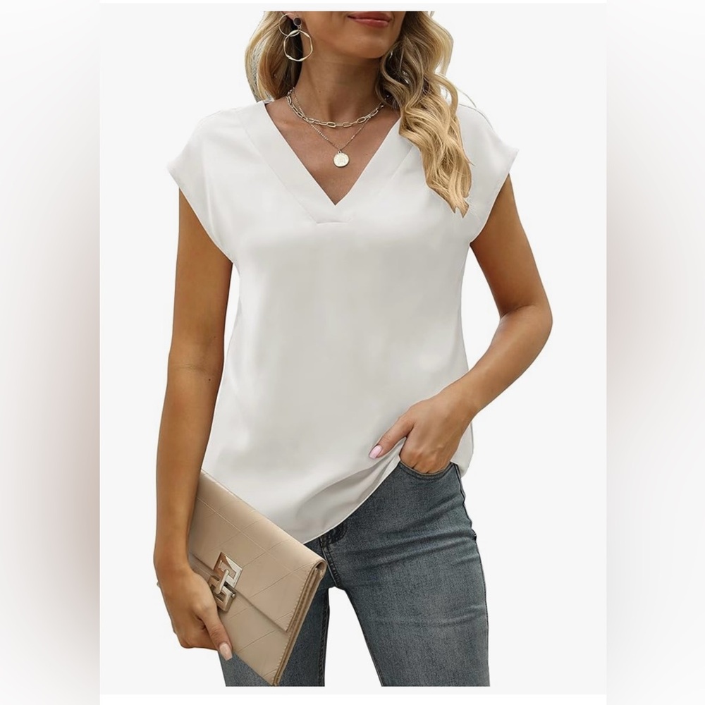 Women's Cap Sleeve Silk Tops V Neck Satin Solid Elegant Loose Fit Top Size S